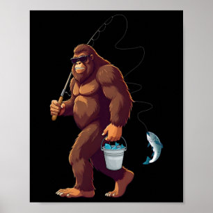 Poster Bigfoot Fishing Funny Retro Sasquatch Fisherman Da