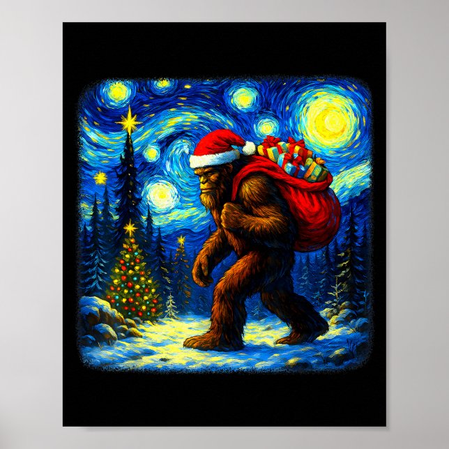 Poster Bigfoot Santa Christmas Starry Night Sasquatch Van (Devant)