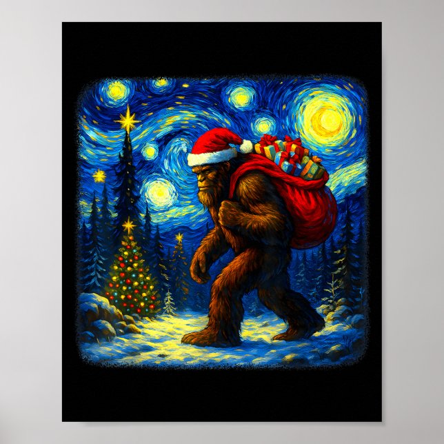 Poster Bigfoot Santa Christmas Starry Night Sasquatch Van (Devant)