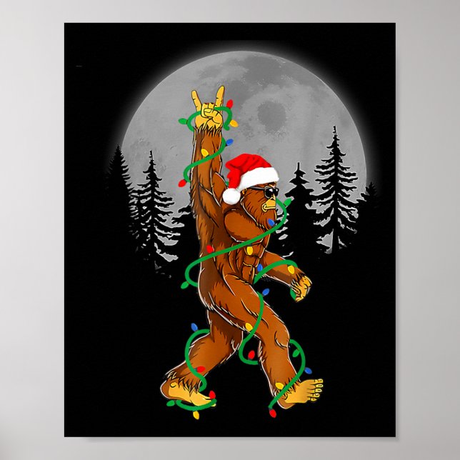 Poster Bigfoot Santa Christmas Tree Lights Funny Xmas Sas (Devant)