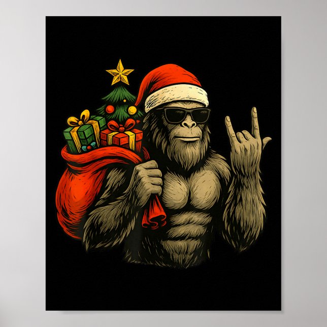 Poster Bigfoot Santa Christmas Tree Rock On Funny Xmas Sa (Devant)