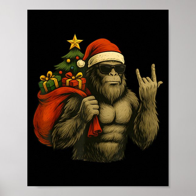 Poster Bigfoot Santa Christmas Tree Rock On Funny Xmas Sa (Devant)