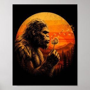 Poster Bigfoot soufflant un pissenlit forêt rétro coucher