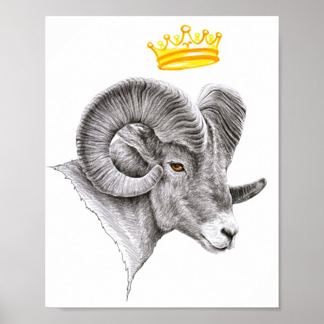 Poster Bighorram avec Crown Aries Zodiac Animal art (Devant)