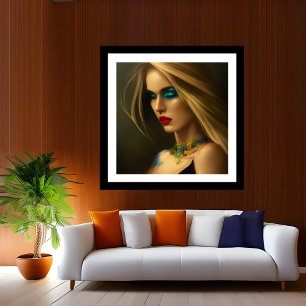 Poster Bijoux en or bronze Blonde femmes bleu foncé fanta