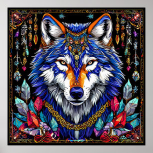 Poster Bijoux Loup Coloré Art Animalier Fantastique Sauva