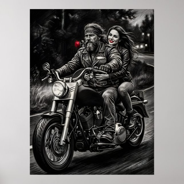 Poster Biker Couple Motorcycle Night Ride Romance  (Devant)