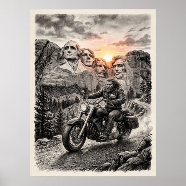 Poster Biker Rides Past Mount Rushmore Presidents Sunset  (Devant)