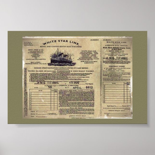 Poster Billet pour RMS Titanic 1912 (Devant)