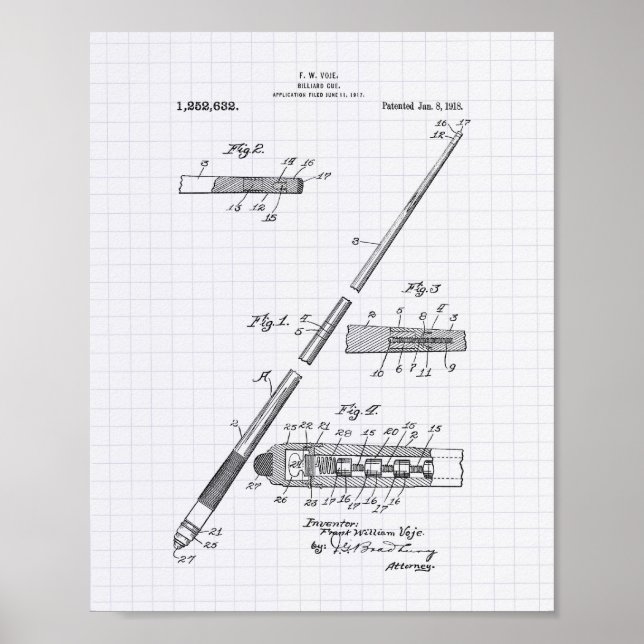 Poster Billiard Cue 1918 Art Brevet - Poivre Lined (Devant)