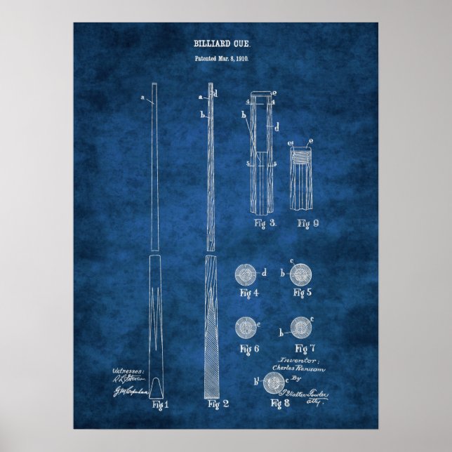 Poster Billiard Cue Brevet Art #4 Rec Décor Salle (Devant)