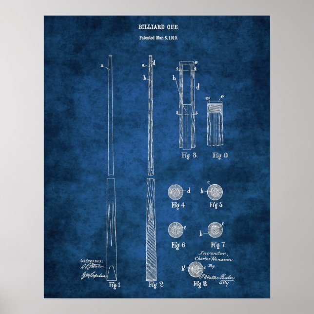 Poster Billiard Cue Brevet Plan directeur no 4 Pool Room  (Devant)