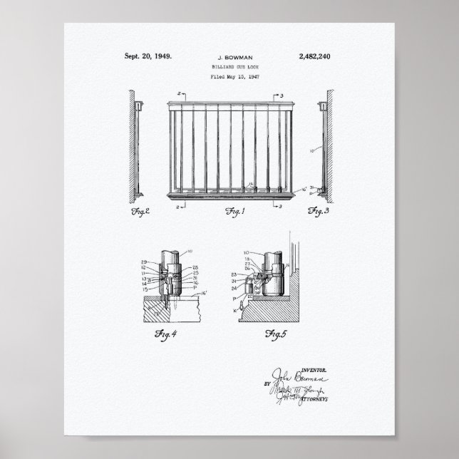 Poster Billiard Cue Lock 1949 Brevet Art - Livre blanc (Devant)
