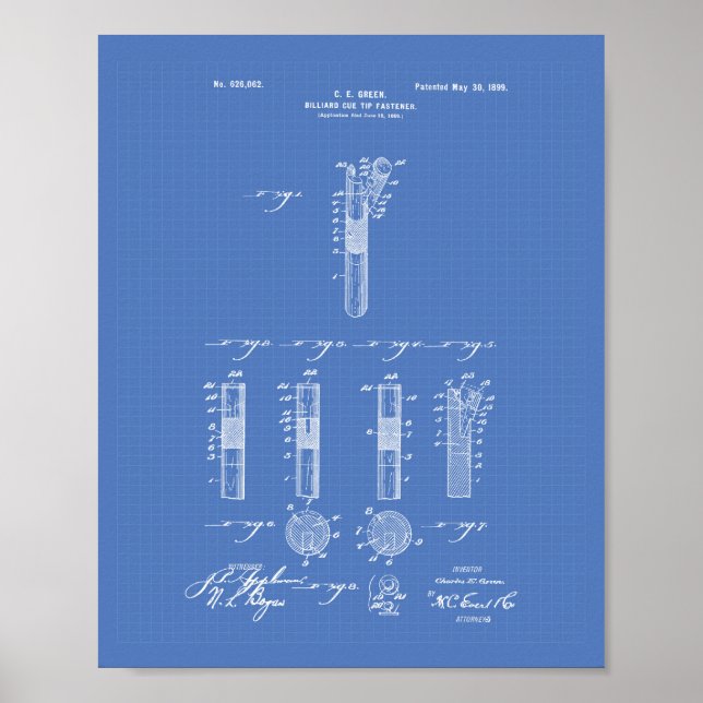 Poster Billiard Cue Tip 1899 Brevet - Plan directeur (Devant)