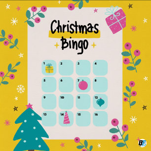 Poster Bingo de Noël Illustratif Jaune & Rose