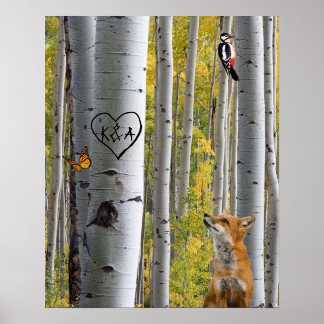 Poster Birch Tree Rustic Personnalisé gravé avec Fox (Devant)
