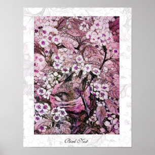 Poster BIRD NEST, blanc rouge rose violet