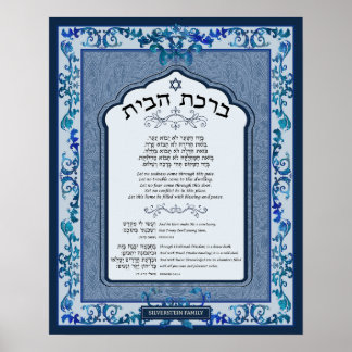 Poster Birkat Habayit Hébreu Anglais Bleu Baroque Cadre