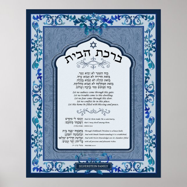 Poster Birkat Habayit Hébreu Anglais Bleu Baroque Cadre (Devant)