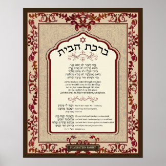 Poster Birkat Habayit Hébreu Anglais Rouge Baroque Cadre