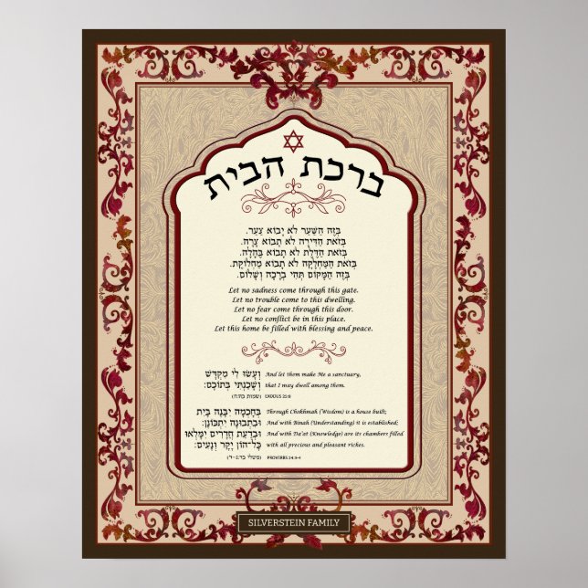Poster Birkat Habayit Hébreu Anglais Rouge Baroque Cadre (Devant)