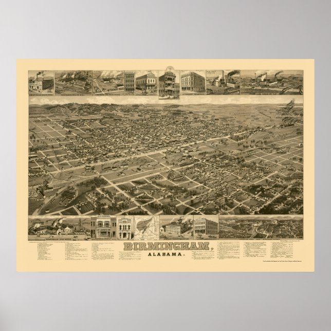 Poster Birmingham, AL Carte panoramique - 1885 (Devant)