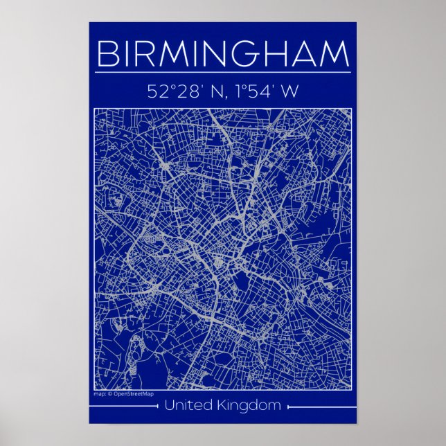 Poster Birmingham Blueprint City Map Poste Minimal Wall (Devant)