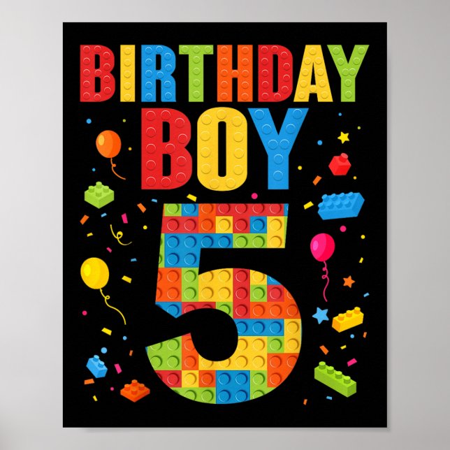 Poster Birthday Boy 5 Year Old Building Blocks 5th Birthd (Devant)