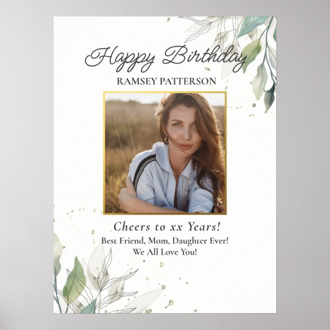 Poster Birthday Party Photo Pretty Botanical Any Age (Devant)