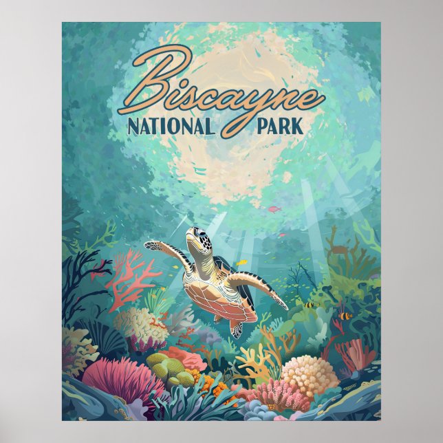 Poster Biscayne National Park Floride Turtle Coral Retro (Devant)