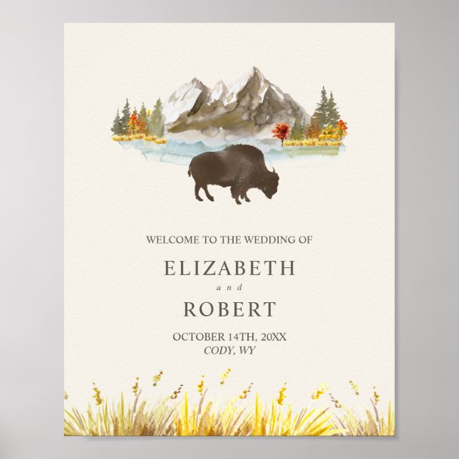 Poster Bison d'aquarelle de Buffalo Ranch Automne Mariage (Devant)