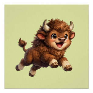 Poster Bison Mignon aux Grands Yeux Cartoon de Faune Heur