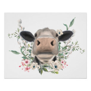 Poster bisou de nez de vache fleurs aquarelle gris animal