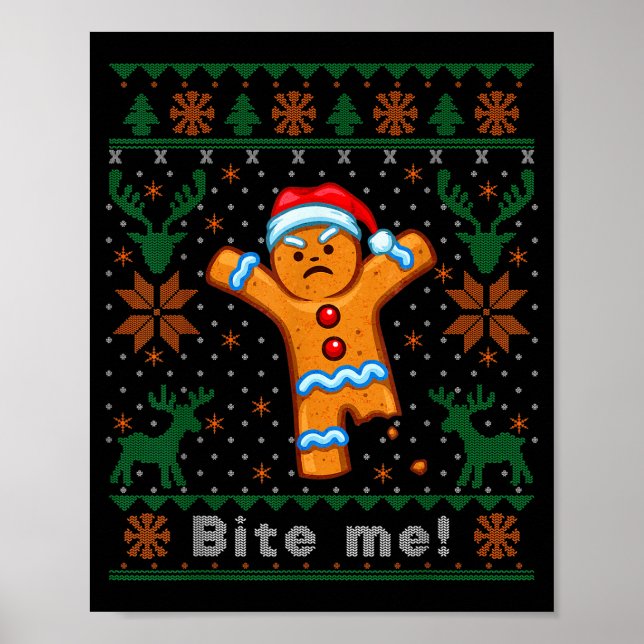 Poster Bite Me Gingerbread Man - Funny Ugly Christmas Swe (Devant)