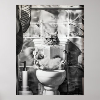 Poster Black and White Bathroom Cat Print, Funny Posters,