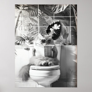 Poster Black and White Bathroom Cat Print, Funny Posters,