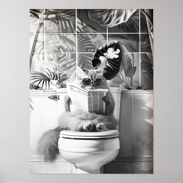 Poster Black and White Bathroom Cat Print, Funny Posters, (Devant)