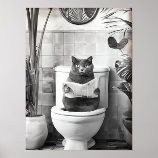 Poster Black and White Bathroom Cat Print, Funny Posters,