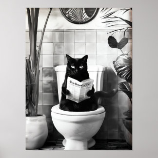 Poster Black and White Bathroom Cat Print, Funny Posters,