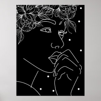 Poster Black and White Feminine Floral Kiss Line Art