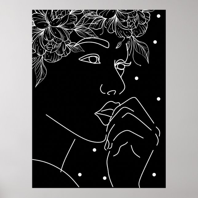 Poster Black and White Feminine Floral Kiss Line Art (Devant)