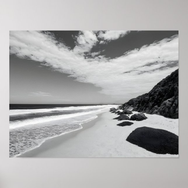 Poster Black And White Rocky Ocean Waves Seascape (Devant)