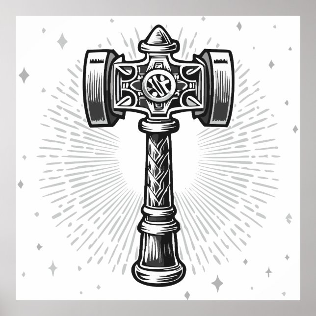 Poster Black and white Thor's Hammer Mjolnir (Devant)