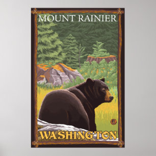 Poster Black Bear in Forest - Mount Rainier, Washington