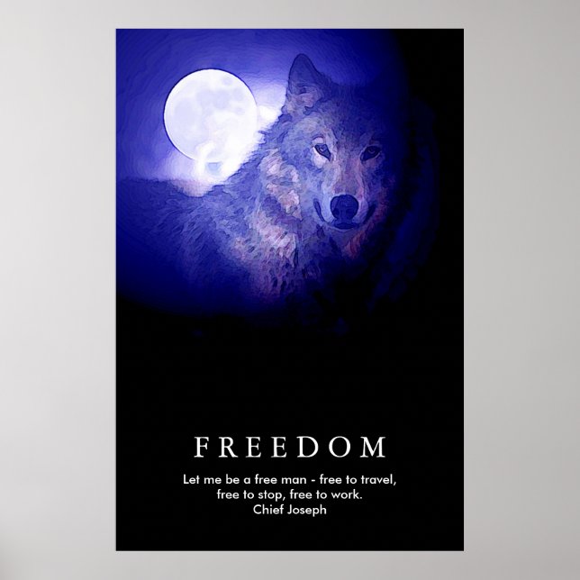 Poster Black Blue Night Wolf Fullmoon Freedom (Devant)