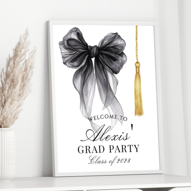 Poster Black Bow Coquette Graduation Party Welcome sign (Créateur téléchargé)