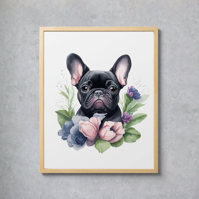 Poster Black Carlin Français Chien Floral Aquarelle (Black Frenchie Pug Dog Floral Watercolor Poster
)