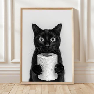 Poster Black Cat Bathroom Print, Cat Holding Toilet Roll,