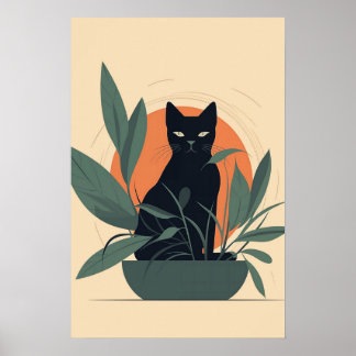 Poster Black Cat Botanical Minimal Plant Lover