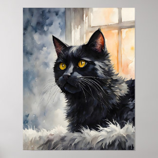 Poster Black Cat by Window Art Print Cozy Feline Wall Art